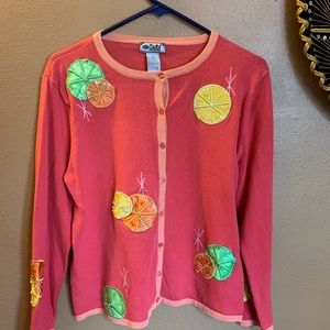 Vintage Tiara Coral Pink Lemon Orange Cardigan -L